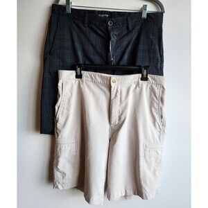 Lot of 2 Chaps Golf 78 Men’s Shorts Size 34 Gray Plaid & Khaki Stretch Casual